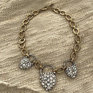 Oval Link Gold Metal Chain Necklace w/3 crystal encrusted heart shaped pendants.